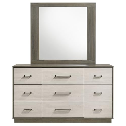 Coaster Home Furnishings Fenwick Contemporary 61-inch 9-Drawer Bedroom Dresser with Mirror Bedroom Clothing Storage Cabinet Wide Chest of Drawers Organizer Unit Grey Oak and Almond 224983M