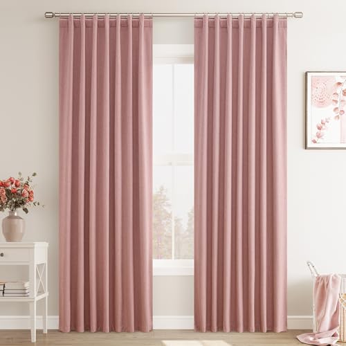 Joywell Blush Pink Linen 100% Blackout Curtains 90 Inch Long, Rod Pocket/Back Tab/Hook Belt,Thermal Insulated Drapes For Baby Girl Bedroom Living Room Nursery With Hooks(2 Panels,52 X 90 Inches)