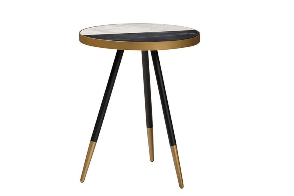 Baxton Studio Lauro Modern and Contemporary Round Glossy Marble and Metal End Table with Two-Tone Black and Gold Legs