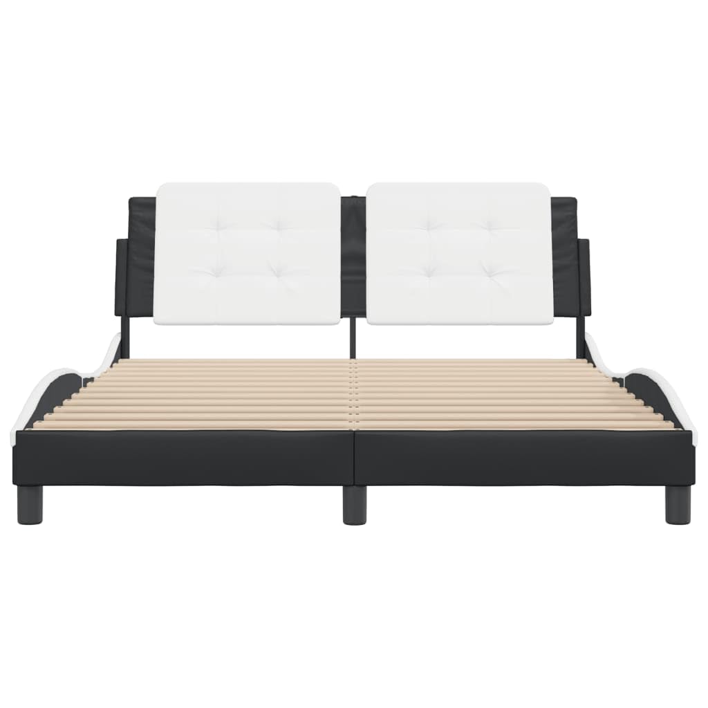 vidaXL Queen Bed Frame with Headboard - Black and White Faux Leather, Modern Waved Design, Plywood Slats, Assembly Required - 59.8” x 79.9”, Stylish Bedroom Furniture