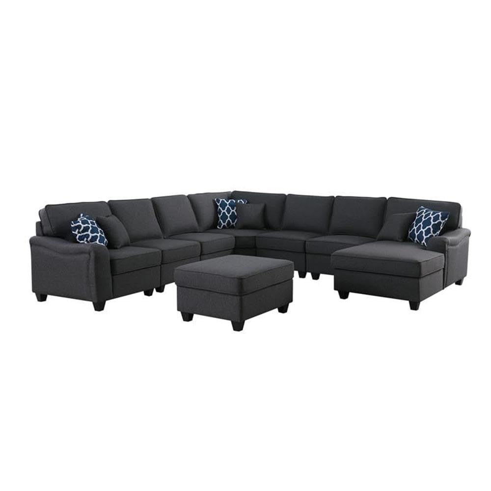 Lilola Home Leo Dark Gray Linen 8Pc Modular L-Shape Sectional Sofa Chaise and Ottoman