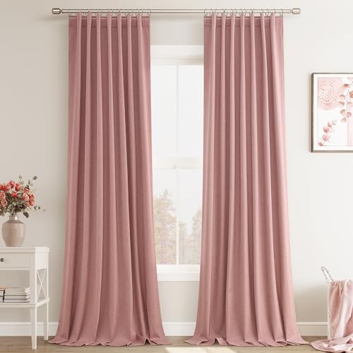 Joywell Blush Pink Linen 100% Blackout Curtains 108 Inch Long, Floor Length Rod Pocket/Back Tab/Hook Belt,Thermal Insulated Drapes For Girls Room Bedroom Living Room With Hooks(2 Panels,52 X 108)