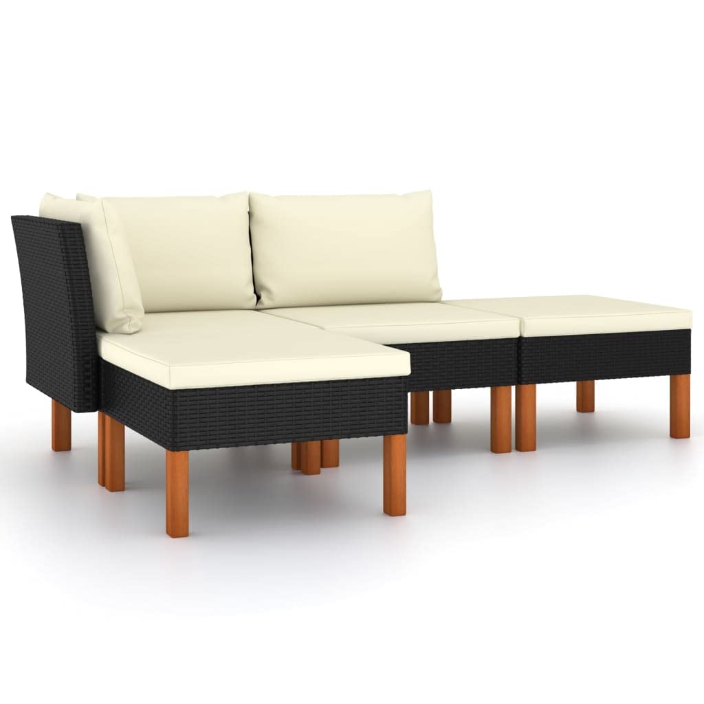 vidaXL Patio Lounge Set, 4-Piece, Poly Rattan, Black, with Cushions - Weather Resistant Garden Sofa and Footrests with Eucalyptus Wood Legs