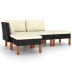 vidaXL Patio Lounge Set, 4-Piece, Poly Rattan, Black, with Cushions - Weather Resistant Garden Sofa and Footrests with Eucalyptus Wood Legs