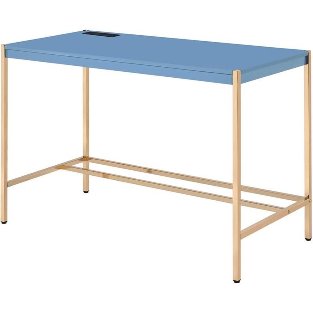 Acme Midriaks Wooden Top Writing Desk with USB Port in Navy Blue and Gold