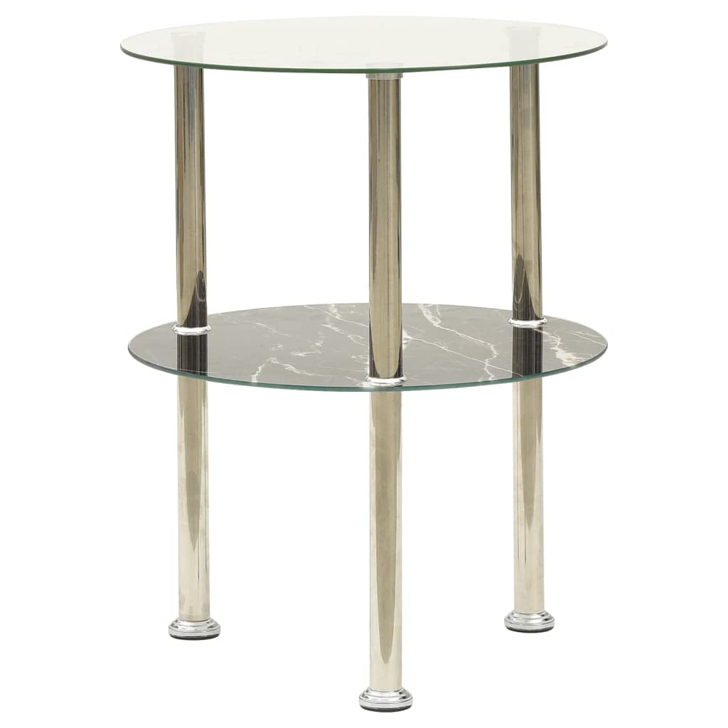 vidaXL Modern 2-Tier Side Table 15" - Transparent & Black Marble, Tempered Glass with Rough Grinding Finish, Versatile Furniture for Living Room