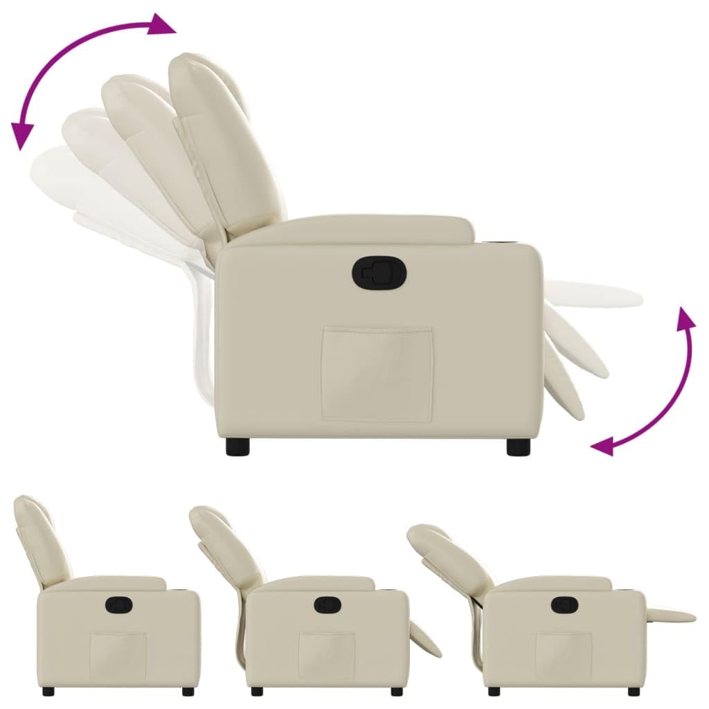 vidaXL Recliner Chair - Cream Faux Leather Armchair with Manual Reclining, Cup Holders and Side Pocket for Living Room, Office - Comfortable, Durable Seating, 29.1x34.6x38.2