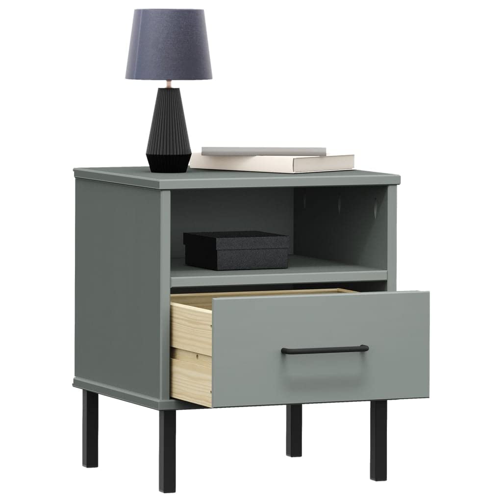 vidaXL Oslo Bedside Cabinet - Solid Pine Wood Bedroom Furniture with Metal Legs, Ample Storage Space, Sturdy & Durable Gray End Table