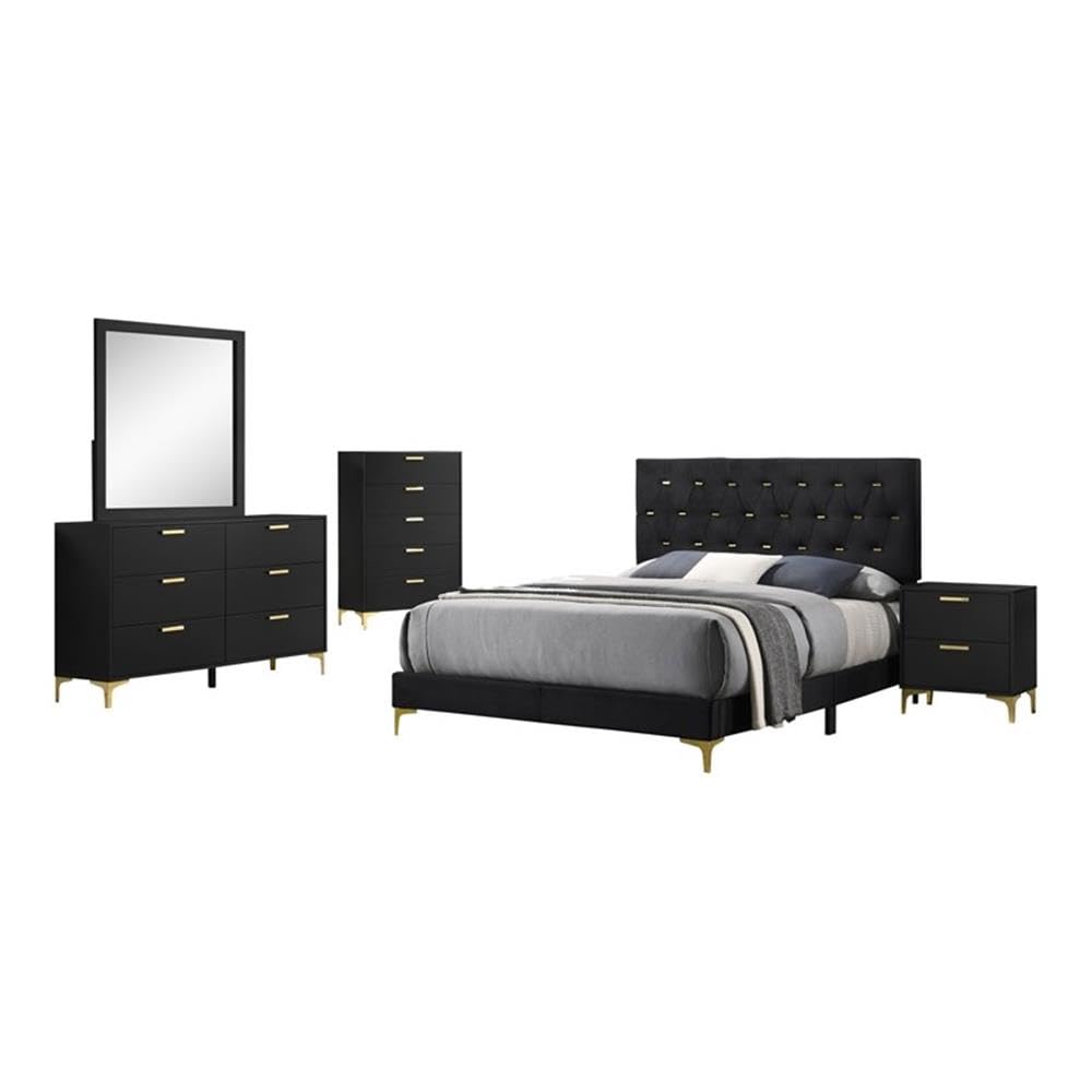 Coaster Home Furnishings Kendall 5-Piece Modern Bedroom Set Eastern King Size Upholstered Tufted Bed Frame Velvet Upholstery Nightstand Dresser Mirror And Chest Black 224451Ke-S5