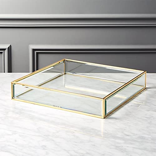 Square Glass Vanity Tray With Brass Rim And Mirror Base (6 X 6 X 1.25 Inches)