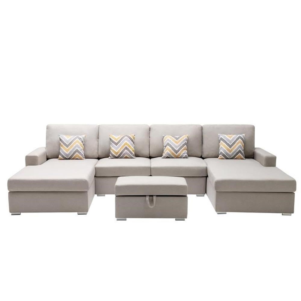 Lilola Home Nolan Beige Linen Fabric 5Pc Double Chaise Sectional Sofa with Interchangeable Legs, Storage Ottoman, and Pillows