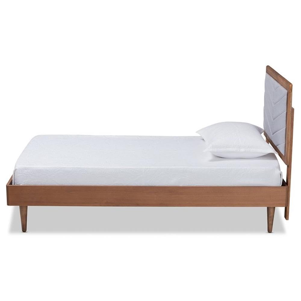 Baxton Studio Tasha Mid-Century Modern Light Grey Fabric Upholstered and Walnut Brown Finished Wood Twin Size Platform Bed
