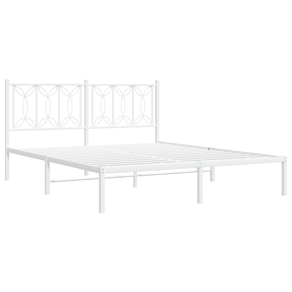 vidaXL Metal Bed Frame with Headboard - White Steel, 59.1x78.7, Sturdy Frame, Extra Storage Space, Enhanced Support, Modern Design