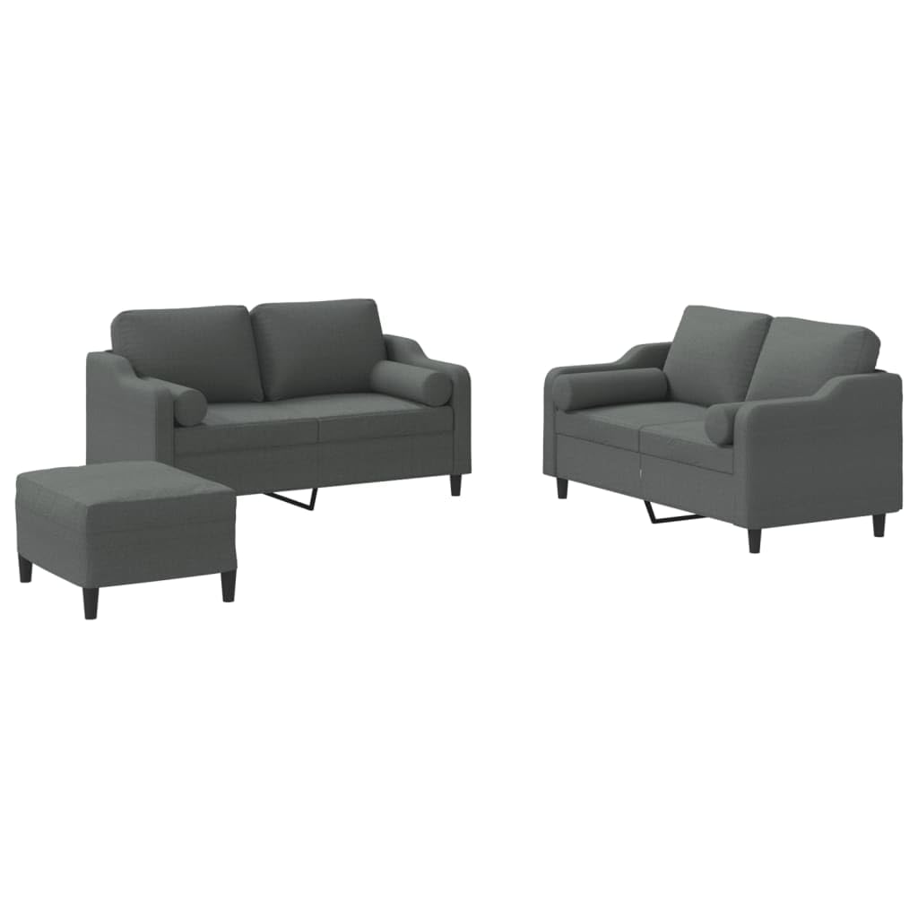 vidaXL 3 Piece Sofa Set with Versatile Footstool - Dark Gray Fabric Upholstery - Sturdy Plywood and Metal Frame - Comes with Decorative Roll Pillows.