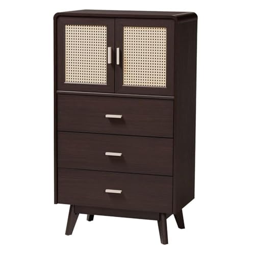 Baxton Studio Giancarlo Mid-Century Modern Espresso Brown Wood 3-Drawer Storage Chest With Rattan Door