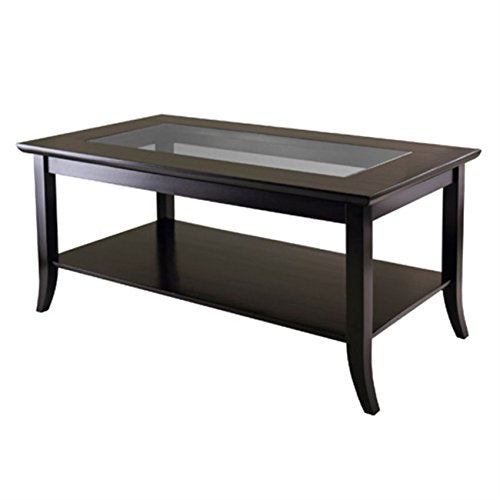 Genoa Rectangular Coffee Table - Stylish Design with Glass Inset and Shelf - 40" W x 22.28" D x 18" H - Dark Espresso Finish