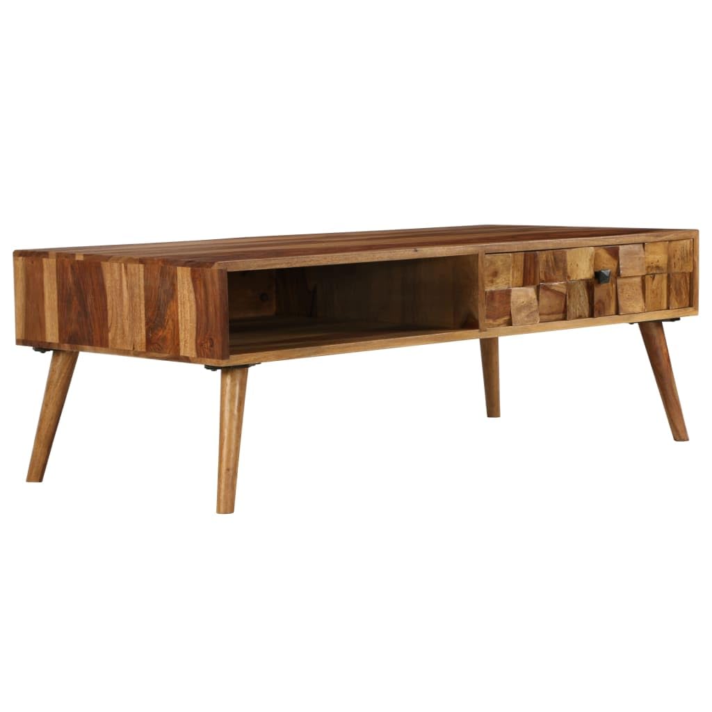 vidaXL Mid-Century Modern Coffee Table - Solid Sheesham Wood Construction with Honey Finish - with Storage Drawer and Compartment, 43.3"x19.7"x14.6"