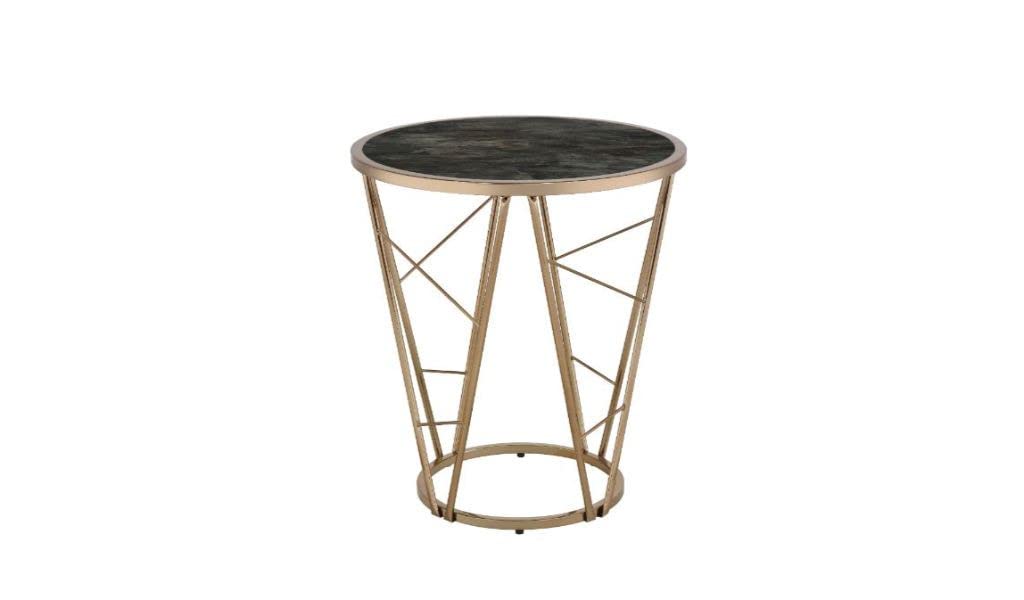 HomeRoots Faux Black Marble Glass Top 24' Champagne and Black Faux Marble Glass and Metal Round End Table