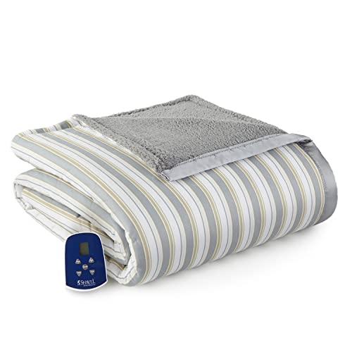 Thermee Micro Flannel Full-Size Heated Electric Blanket With Sherpa, Machine Wash & Dry, Timer & Safety Shutoff, 84Lx72W, City S