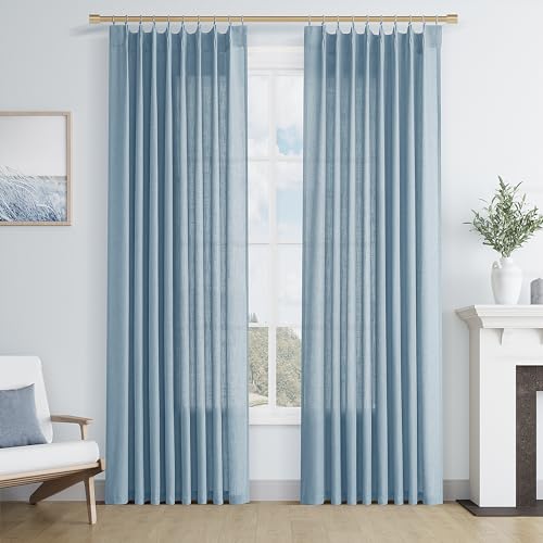 Joywell Linen Blend Pinch Pleated Curtains 90 Inch Long,Back Tab Clip Rings Semi Sheer Light Filtering Window Drapes Soft Lightweight With Hooks For Bedroom Living Room,W50 X L90,Blue,2 Panels Set