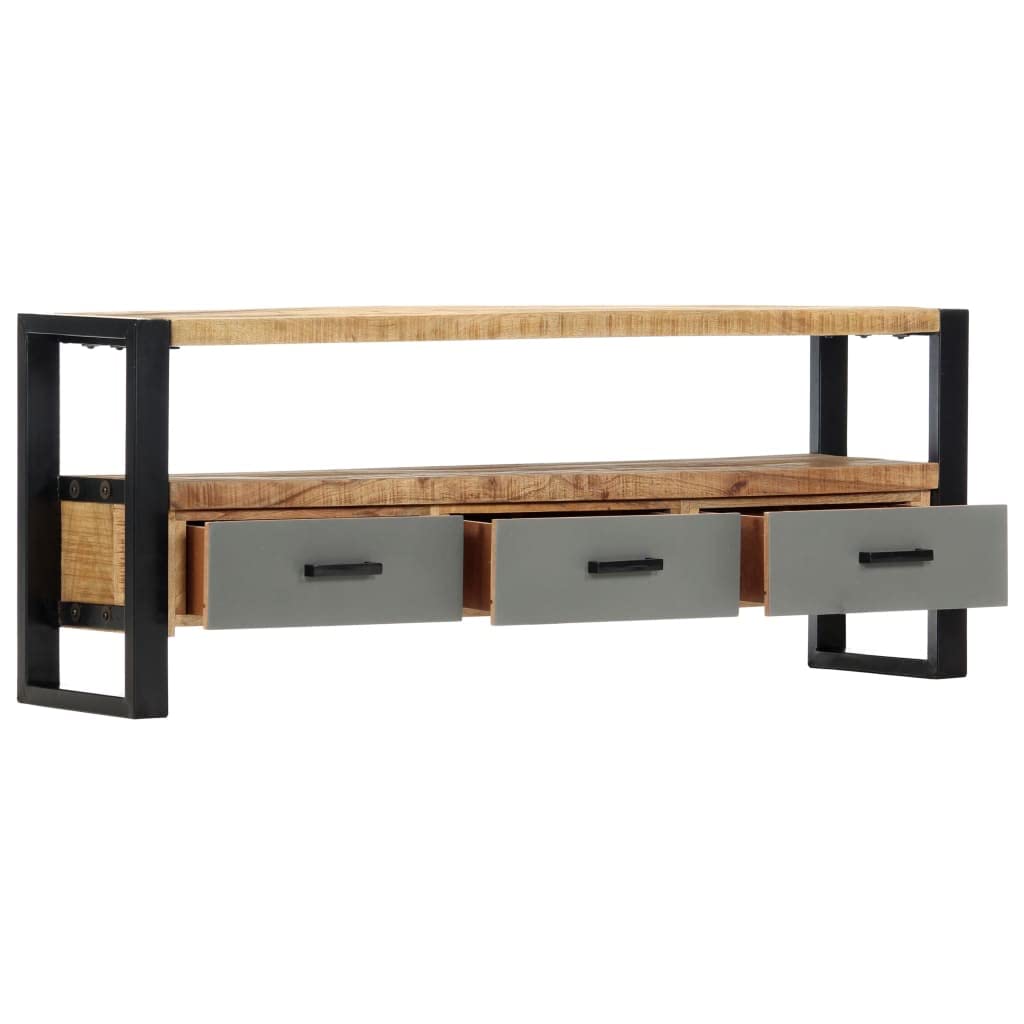 vidaXL 51.2&quot;x11.8&quot;x19.7&quot; Solid Mango Wood TV Stand - Industrial Style Cabinet with 3 Drawers and Open Compartment - Powder-Coated Iron Legs - Brown Finish