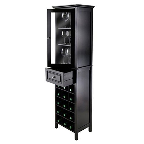 Ergode Wood Burgundy Wine Tower | Stylish & Practical Storage Solution | 15 Bottle Slots | Glass Door | 3 Shelves | Drawer | Composite Wood | Easy Assembly | (20667-VV)