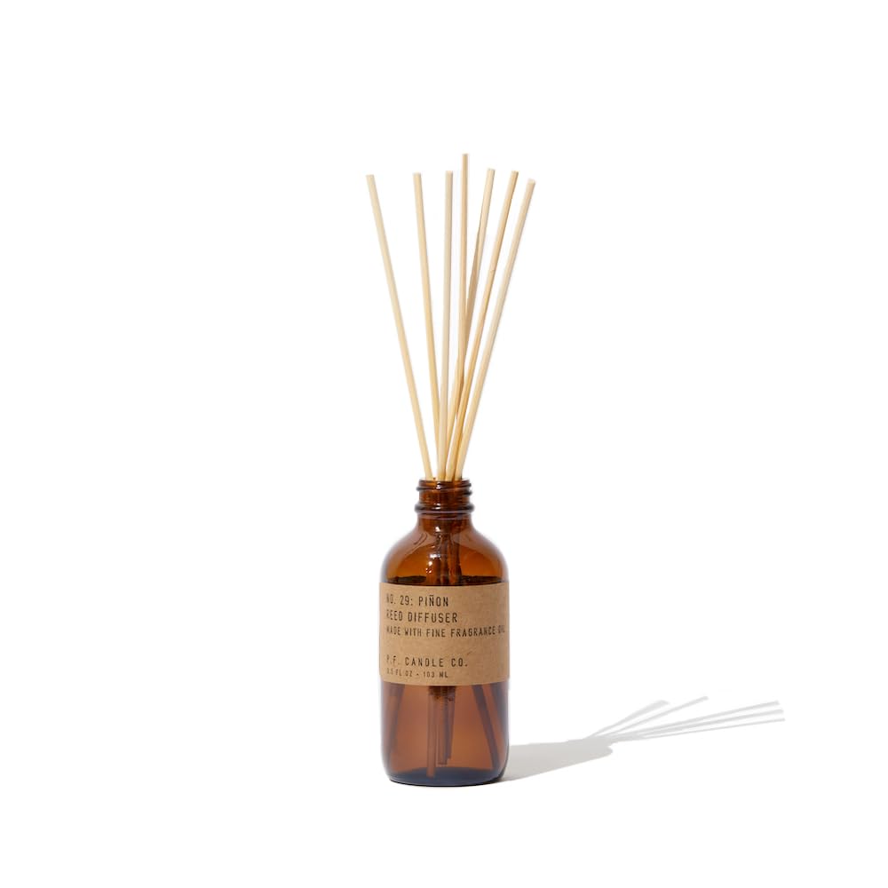 P.F. Candle Co. Pion Classic Scented Rattan Reed Diffuser (3.5 fl oz) Amber Glass Jar, Fine Fragrance Oil, Low Maintenance Scent