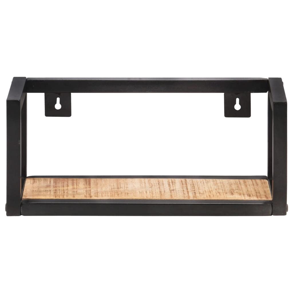 vidaXL Industrial Style Wall Shelves - Set of 2, 15.7&quot; Rough Mango Wood and Black Powder-Coated Iron Frame, Strong Loading Capacity