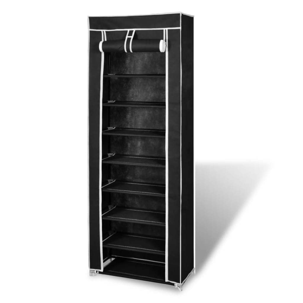 vidaXL 8-Tier Fabric Shoe Cabinet with Cover - Space-Saving Shoe Organizer, Dust-Proof, Lightweight and Portable, Black, Hold Up to 20 Pairs of Shoes, 22&quot; x 11&quot; x 64&quot;