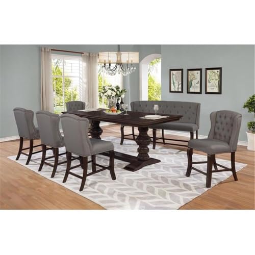 Best Quality Cappuccino Wood Counterheight Dining Bench Upholstered with Gray Linen Fabric