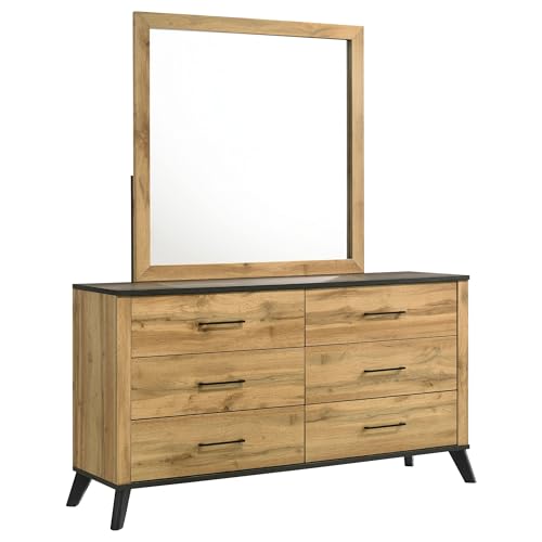 Coaster Home Furnishings Kaywood Mid-Century Modern 60-inch 6-Drawer Bedroom Dresser with Mirror Bedroom Clothing Storage Cabinet Wide Chest of Drawers Weathered Brown and Natural Pine 225003M