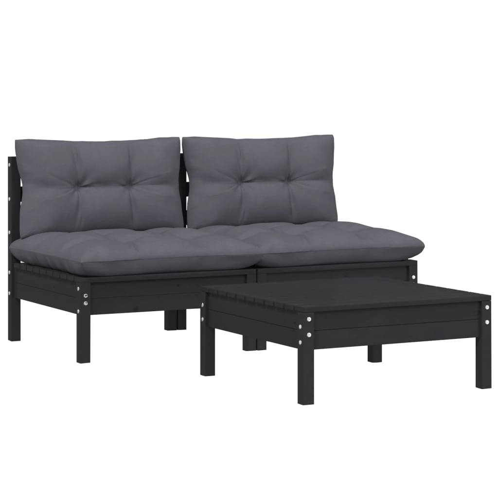 vidaXL Solid Pinewood Patio Lounge Set 3 Piece with Anthracite Cushions Garden Outdoor Lawn Yard Terrace Balcony Wooden Seat Seating Furniture