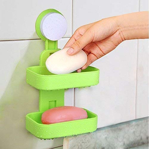 Wagmine Double Layer Plastic Attachable Vacuum Suction Soap Dishes Wall HolderStend (Multi Colour, Standard Size)