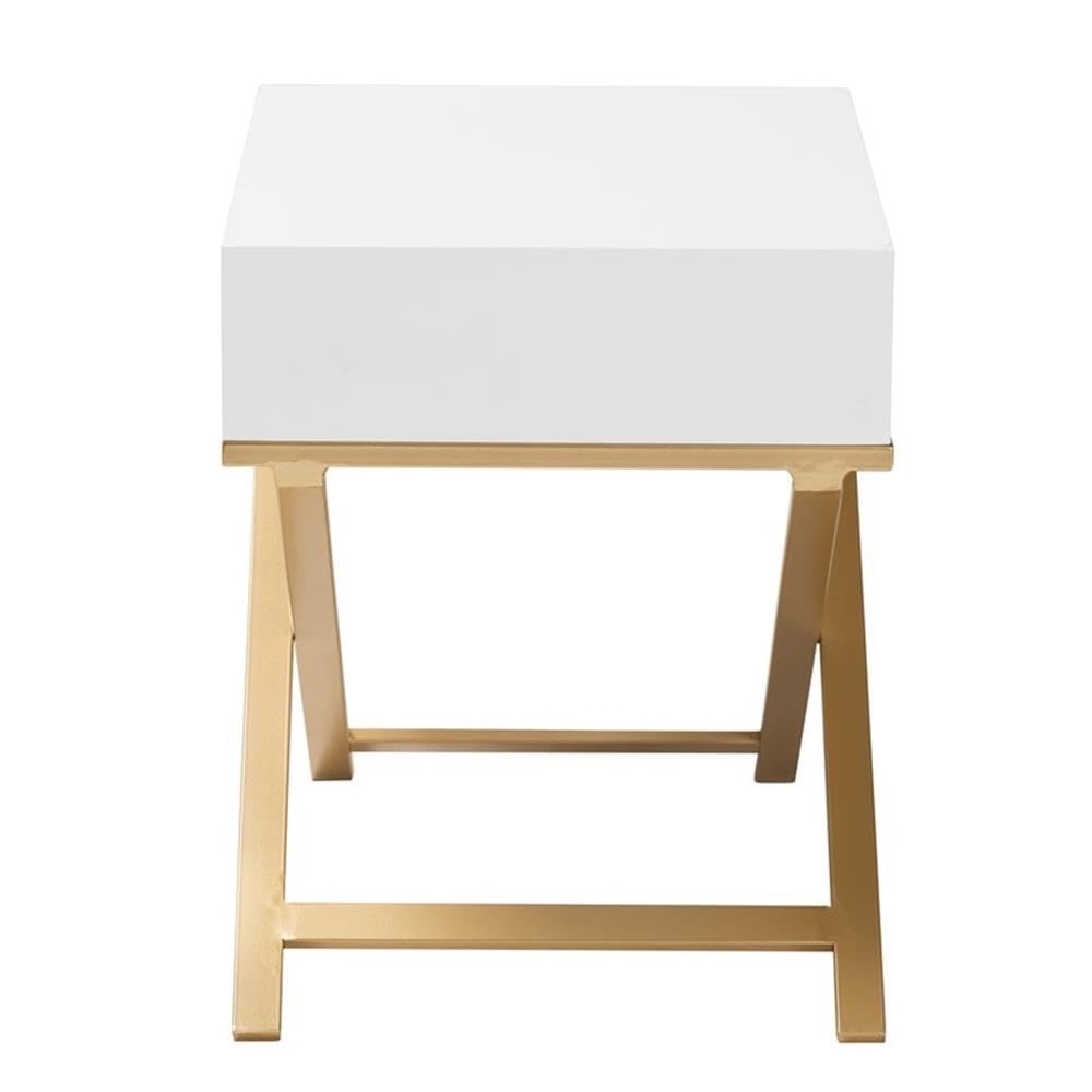 Baxton Studio Lilibet White Finished Wood and Gold Metal 1-Drawer End Table