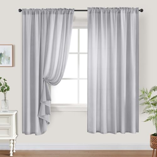 Homeideas Non-See-Through Light Grey Privacy Sheer Curtains 52 X 63 Inches Long 2 Panels Sheer Curtains Light Filtering Window Curtains Drapes For Bedroom Living Room