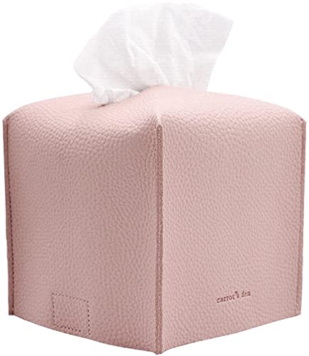 Tissue Box Cover Holder, Square with Bottom Belt by Carrots Den - PU Leather Decorative Organizer for Tabletop, Bathroom, Car, 