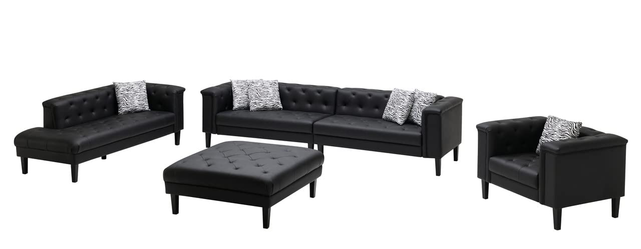 Lilola Home Sarah Black Vegan Leather Tufted Sofa Chaise Chair Ottoman Living Room Set With 6 Accent Pillows