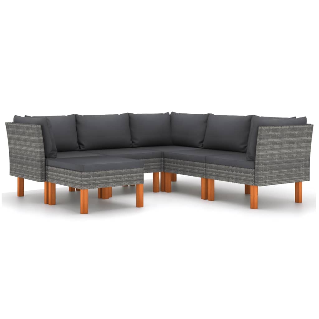 vidaXL 6 Piece Patio Lounge Set - Weather-Resistant PE Rattan and Powder-Coated Steel Frame with Solid Eucalyptus Wood Legs - Gray/Anthracite