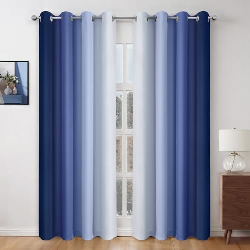 Homeideas Navy Blue Ombre Blackout Curtains, 52 X 96 Inch Length Gradient Color Room Darkening Curtains With Grommet Thermal Insulated Window Curtains & Drapes For Living Room, Bedroom, 2 Panels