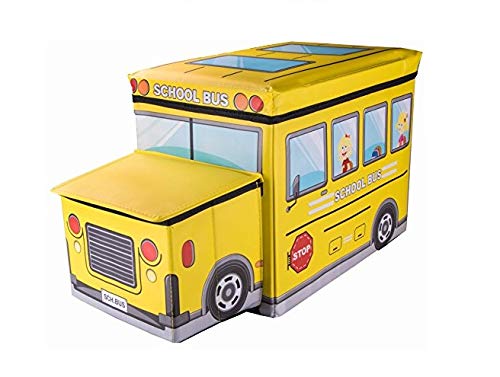 Inditradition Kids School Bus Shape Storage Box with Lid Cum Sitting Stool Cum Playing Toy | Collapsible, Hard Cardboard, Yellow