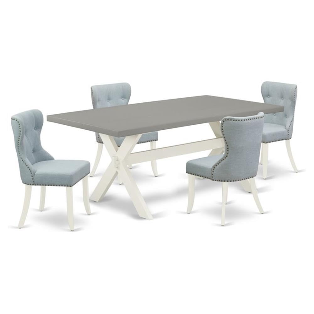 East West Furniture X097Si215-5 5 Piece Dining Set Includes A Rectangle Dining Room Table With X-Legs And 4 Baby Blue Linen Fabric Upholstered Parson Chairs, 40X72 Inch, Multi-Color