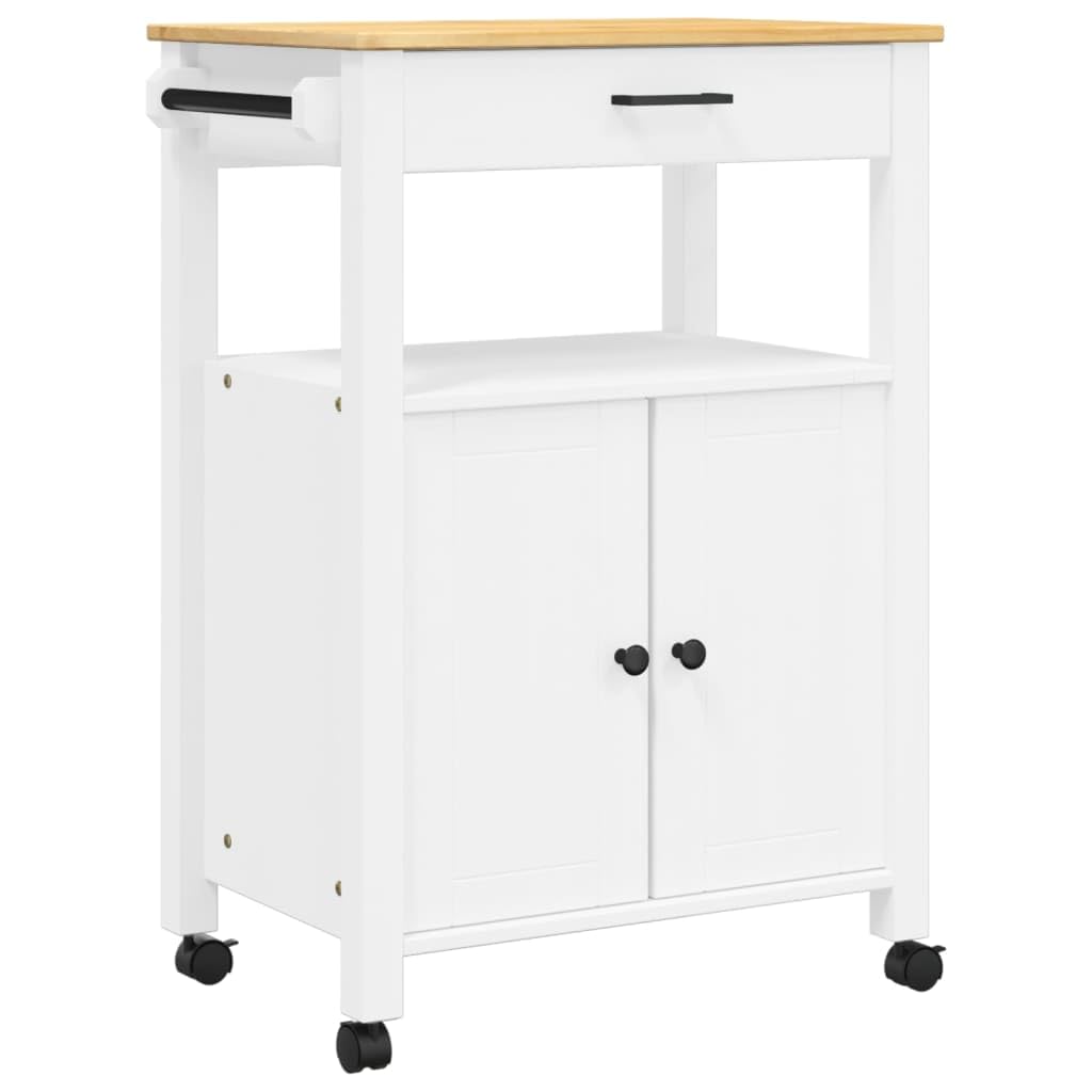 vidaXL Solid Pine Wood Rolling Kitchen Trolley - White/Honey Wax Finish with Drawer, Cabinet, Hooks, 23.6&quot;x15.7&quot;x35.4&quot;