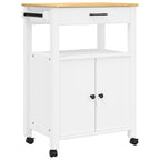 vidaXL Solid Pine Wood Rolling Kitchen Trolley - White/Honey Wax Finish with Drawer, Cabinet, Hooks, 23.6"x15.7"x35.4"