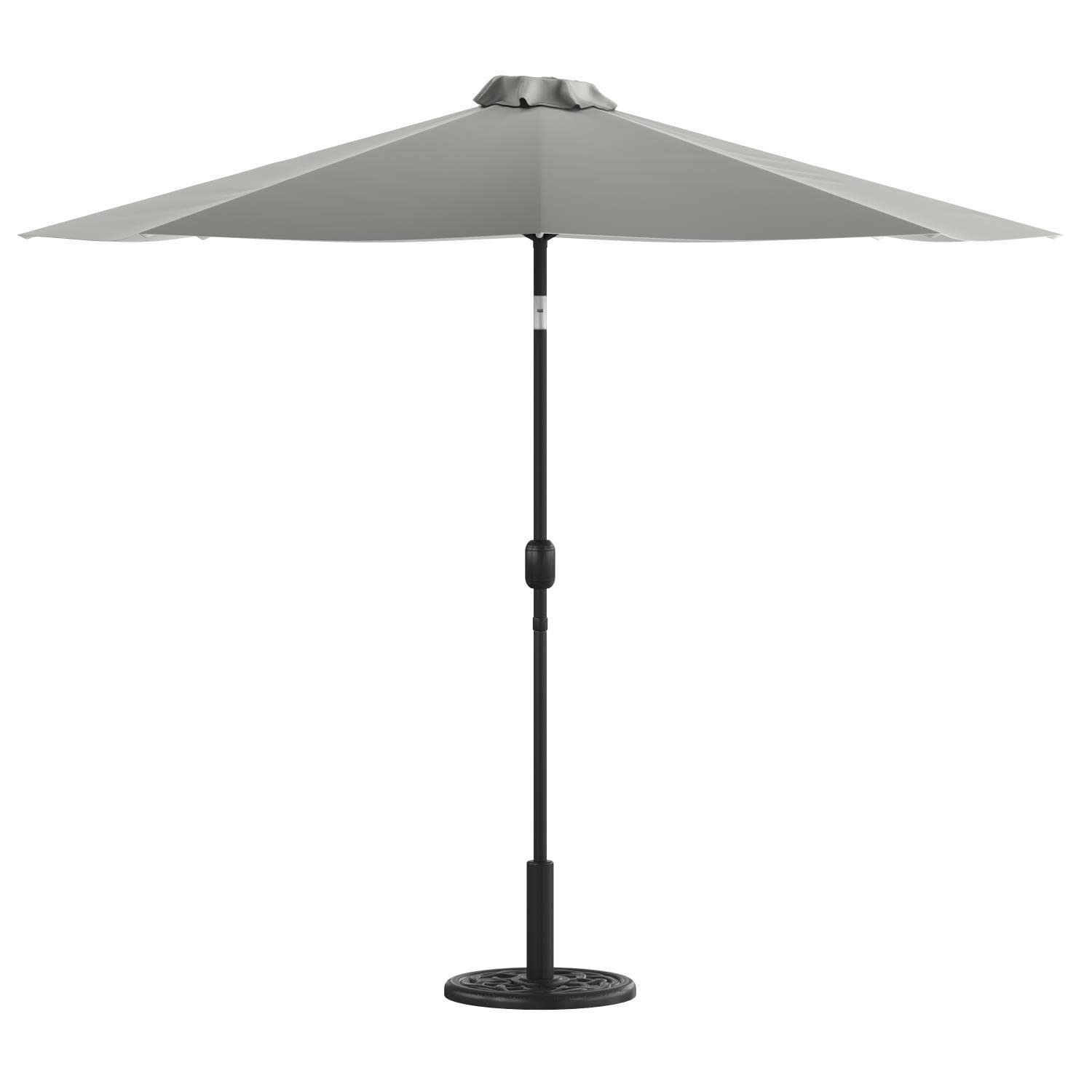 Flash Furniture Sunny Gray 9 Ft Round Umbrella With Crank And Tilt Function And Standing Umbrella Base