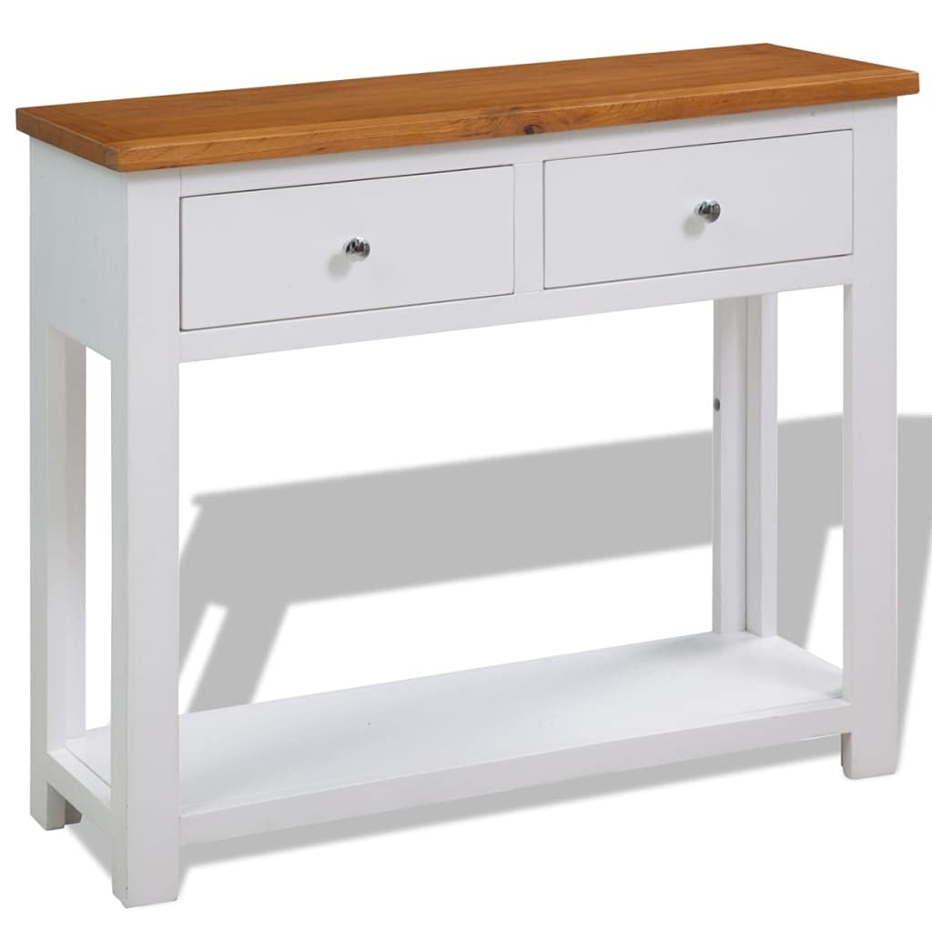 vidaXL Console Table - Solid Oak Wood and Acacia Wood Side Table with 2 Drawers and Shelf for Living Room, Dining Room, Hallway - Brown and White, 32.7"x11.8"x28.7"