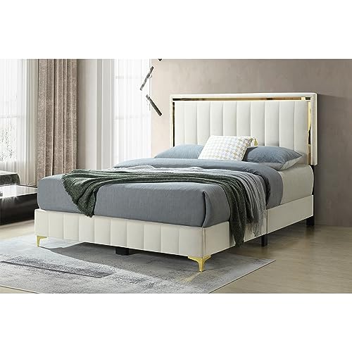 Better Home Products Gold Trim Velvet Platform Bed With Wooden Frame Cream