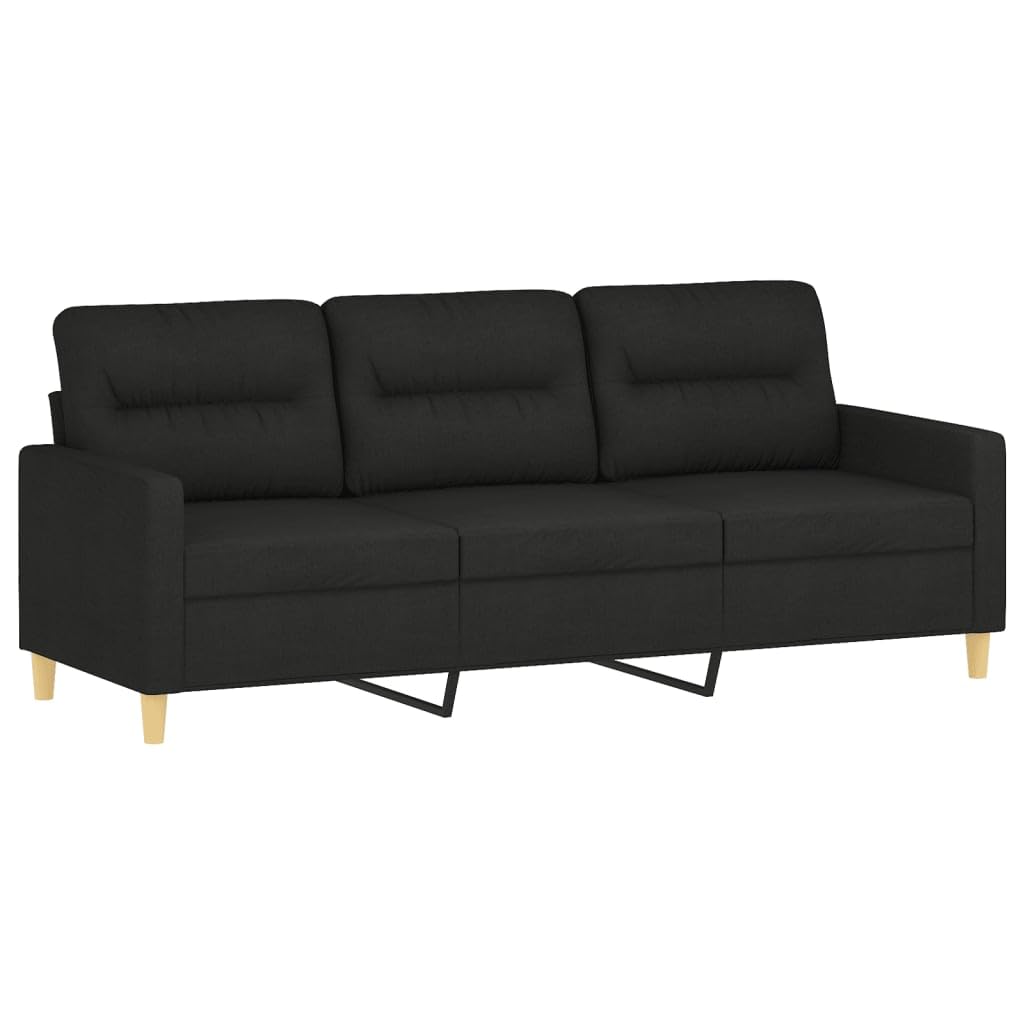 vidaXL Modern 3-Seater Sofa - Black Fabric Upholstered Couch with Comfortable Padded Seats, Armrests and Back Pillows, Durable Metal Frame, for Living Room and Lounge Area