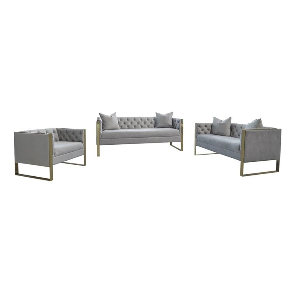 Coaster Home Furnishings 3-Piece Contemporary Velvet Tufted Back Sofa Set in Gray