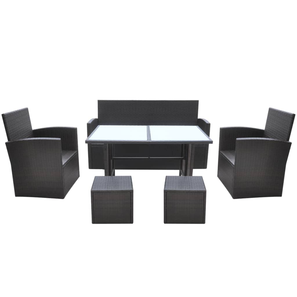 vidaXL Patio Furniture Set 6 Piece, Dining Table Set with Glass Tabletop, Rattan Chairs with Cushions, Outdoor Furniture Set, Poly Rattan Brown