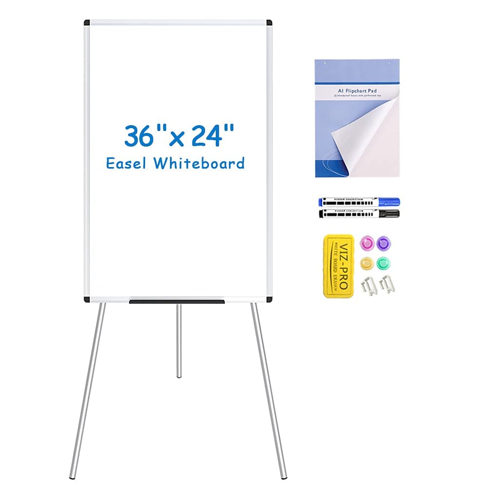 Viz-Pro Whiteboard Easel, 36 X 24 Inches, Portable Dry Erase Board Height Adjustable With Flipchart Pad
